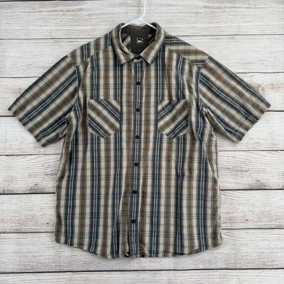 REI Button Down Vented Organic Cotton Shirt Mens Large Blue Beige Striped - Picture 1 of 8